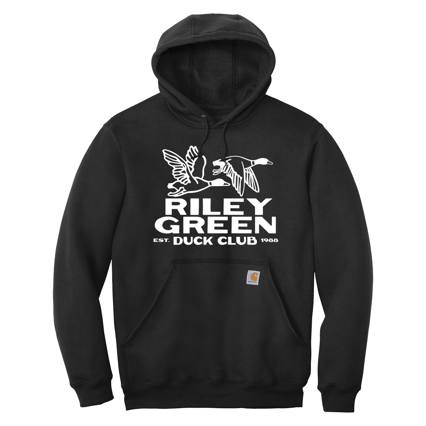 Black Duck Club Carhartt hoodie with front print featuring a duck and the text 'Riley Green Duck Club Est. 1998'.