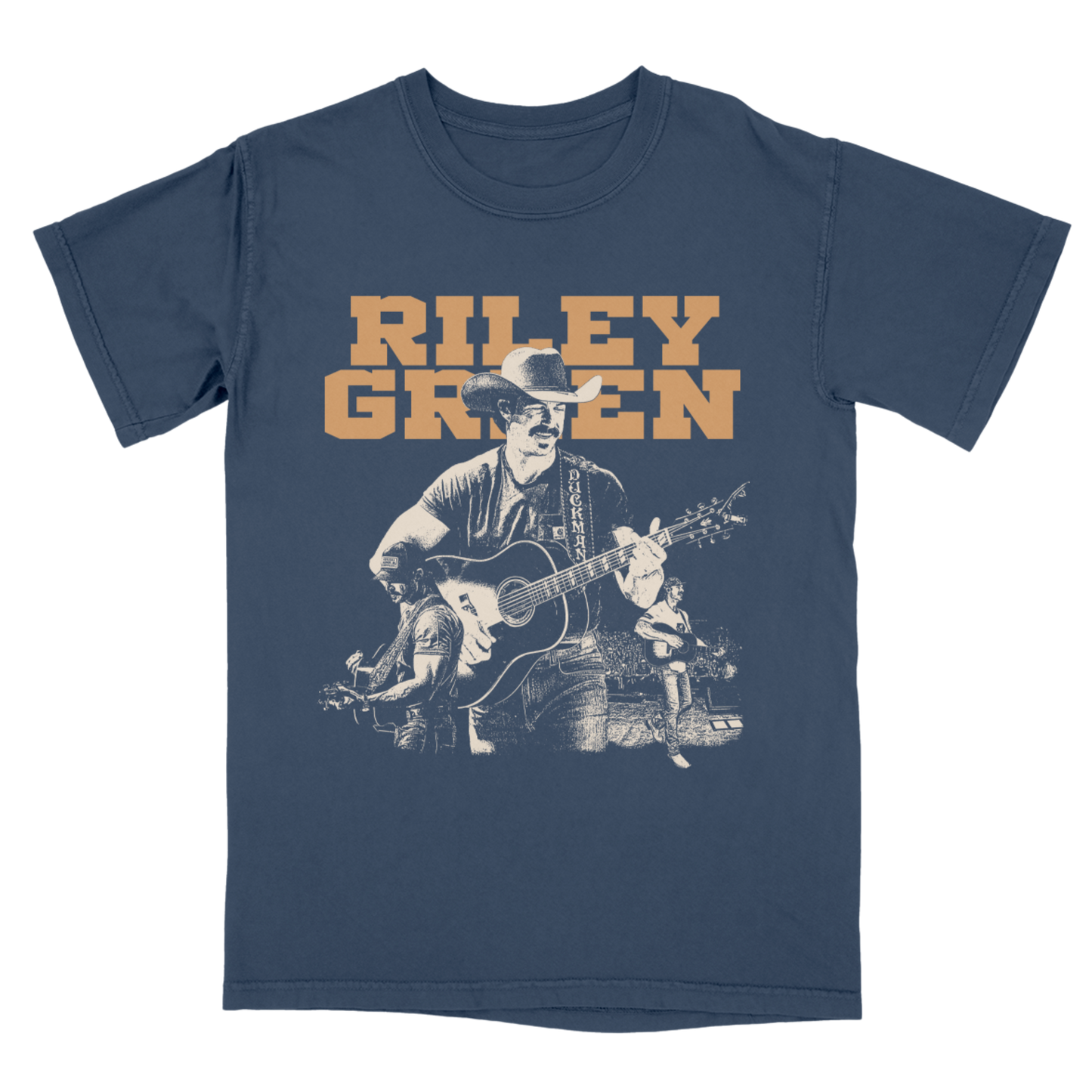 Navy blue t-shirt with 'Riley Green' graphic and text on a white background