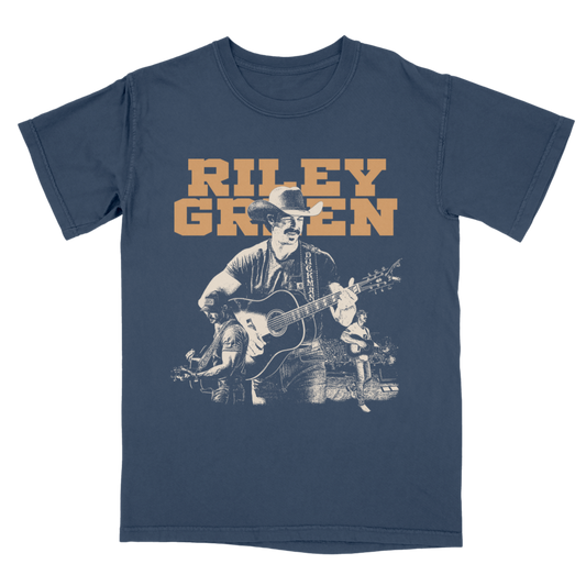Navy blue t-shirt with 'Riley Green' graphic and text on a white background