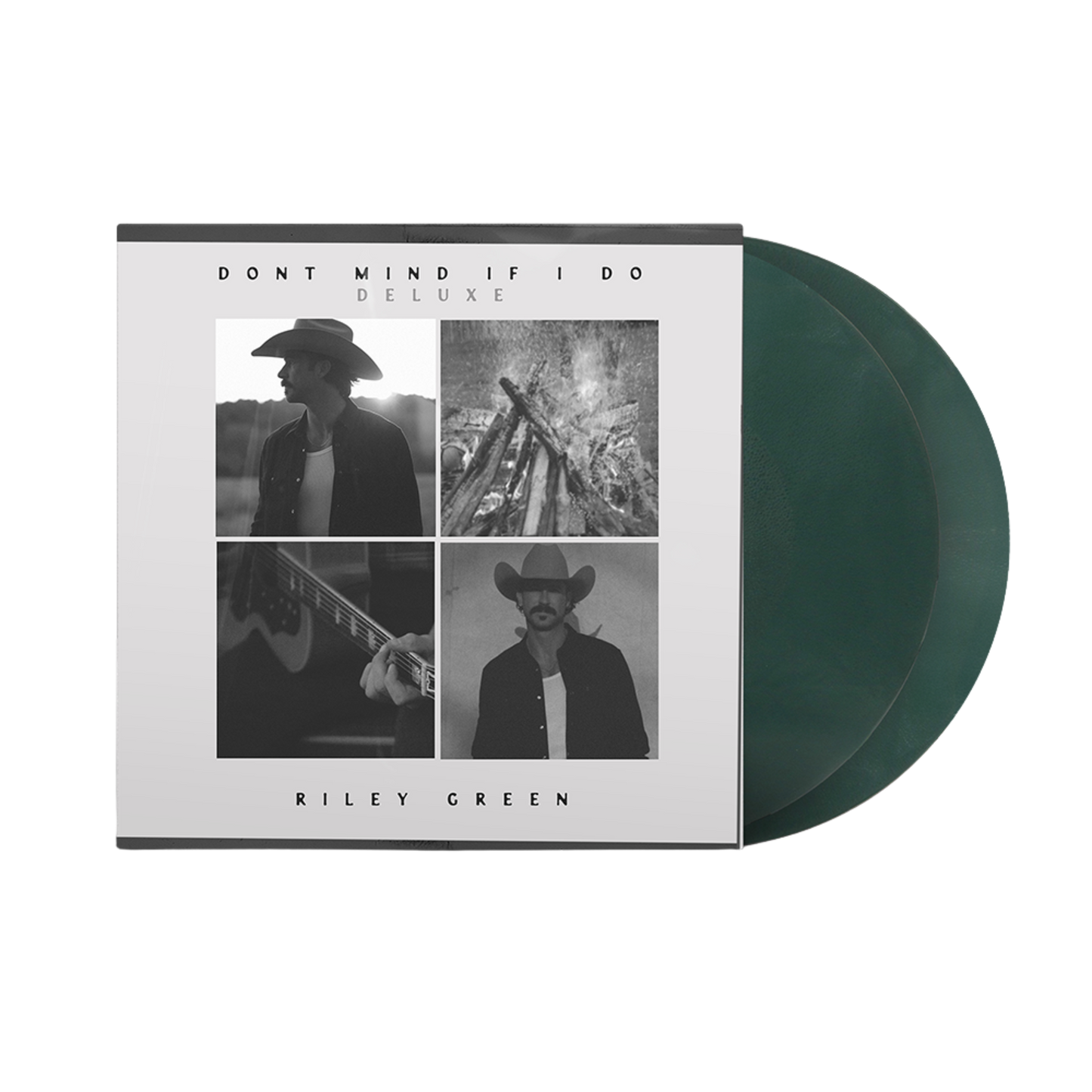 Vinyl record with cover featuring a person in a cowboy hat and guitar, titled 'Don't Mind If I Do Deluxe' by Riley Green.