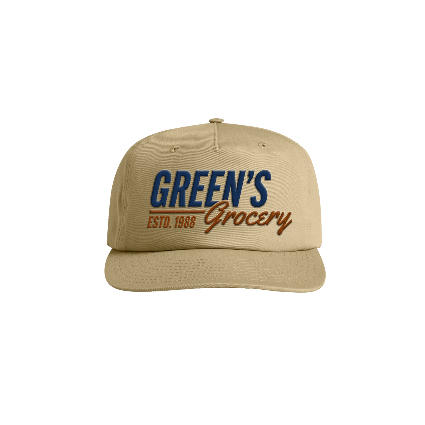 Beige cap with 'Green's Grocery' text on a white background Riley Green