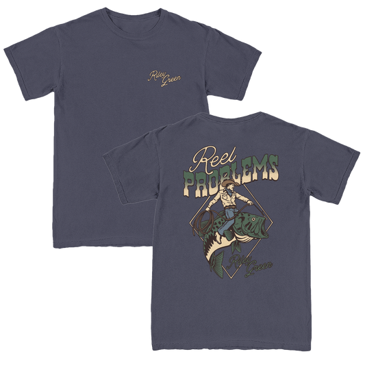 Navy colored t-shirt with 'Reel Problems' front and back print, displayed on a plain background.