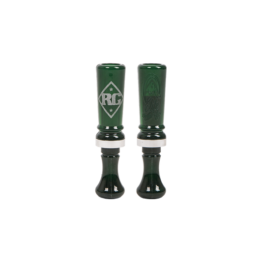 Two green single reed duck calls with double-sided engraving and the RG logo visible. Riley Green