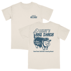 Beige t-shirt with blue graphic and text 'Riley's BBQ Shack' on a white background Riley Green