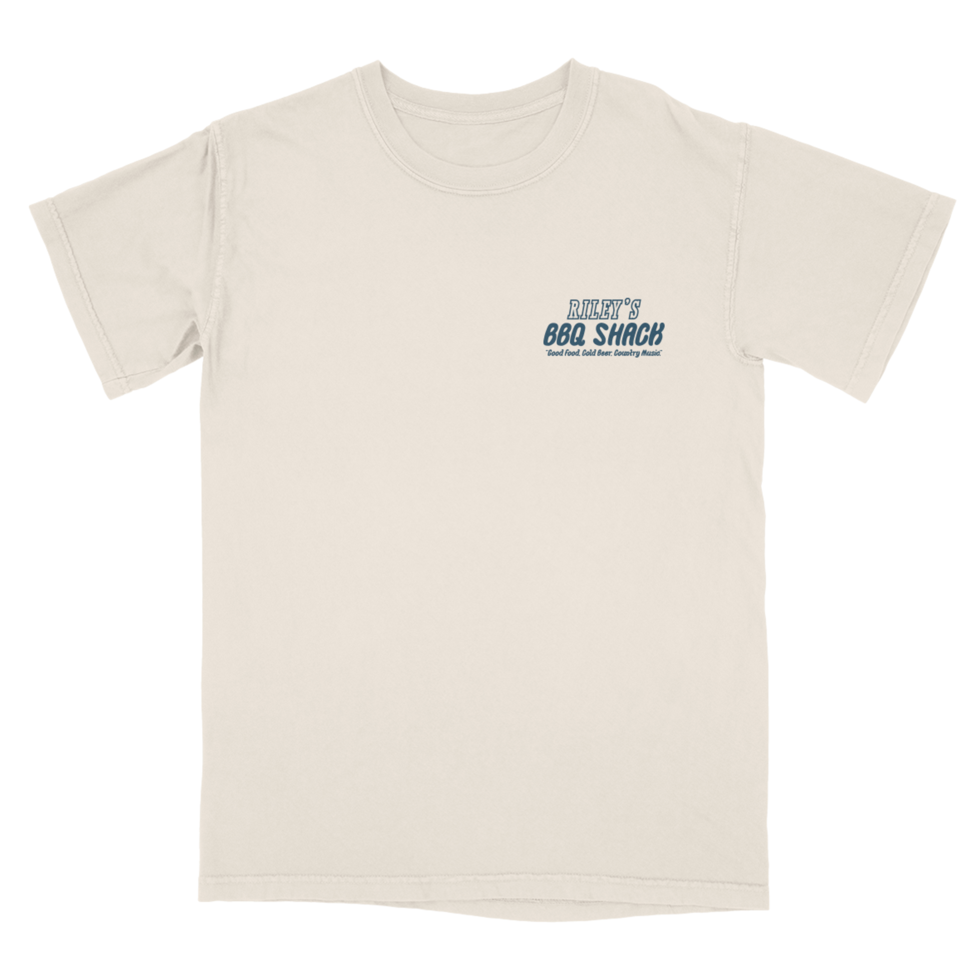 Beige t-shirt with blue and green text on a white background. Riley's BBQ Shack Riley Green