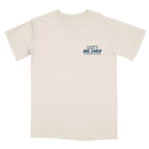 Beige t-shirt with blue and green text on a white background. Riley's BBQ Shack Riley Green