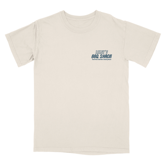 Beige t-shirt with blue and green text on a white background. Riley's BBQ Shack Riley Green