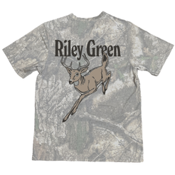 Camo-patterned t-shirt with a deer graphic and 'Riley Green' text on a white background