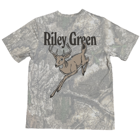 Camo-patterned t-shirt with a deer graphic and 'Riley Green' text on a white background