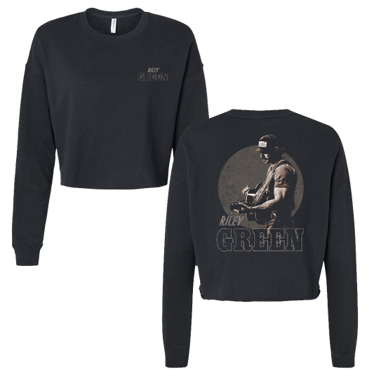 Black long-sleeve crop top with 'Riley Green' branding on front and back.