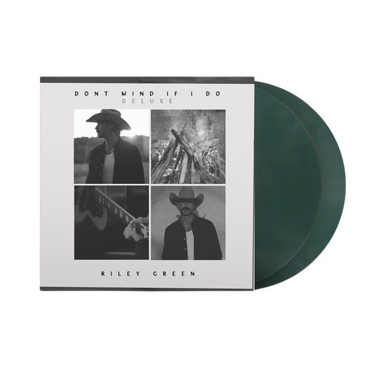 Vinyl record with cover featuring a person in a cowboy hat and guitar, titled 'Don't Mind If I Do Deluxe' by Riley Green.