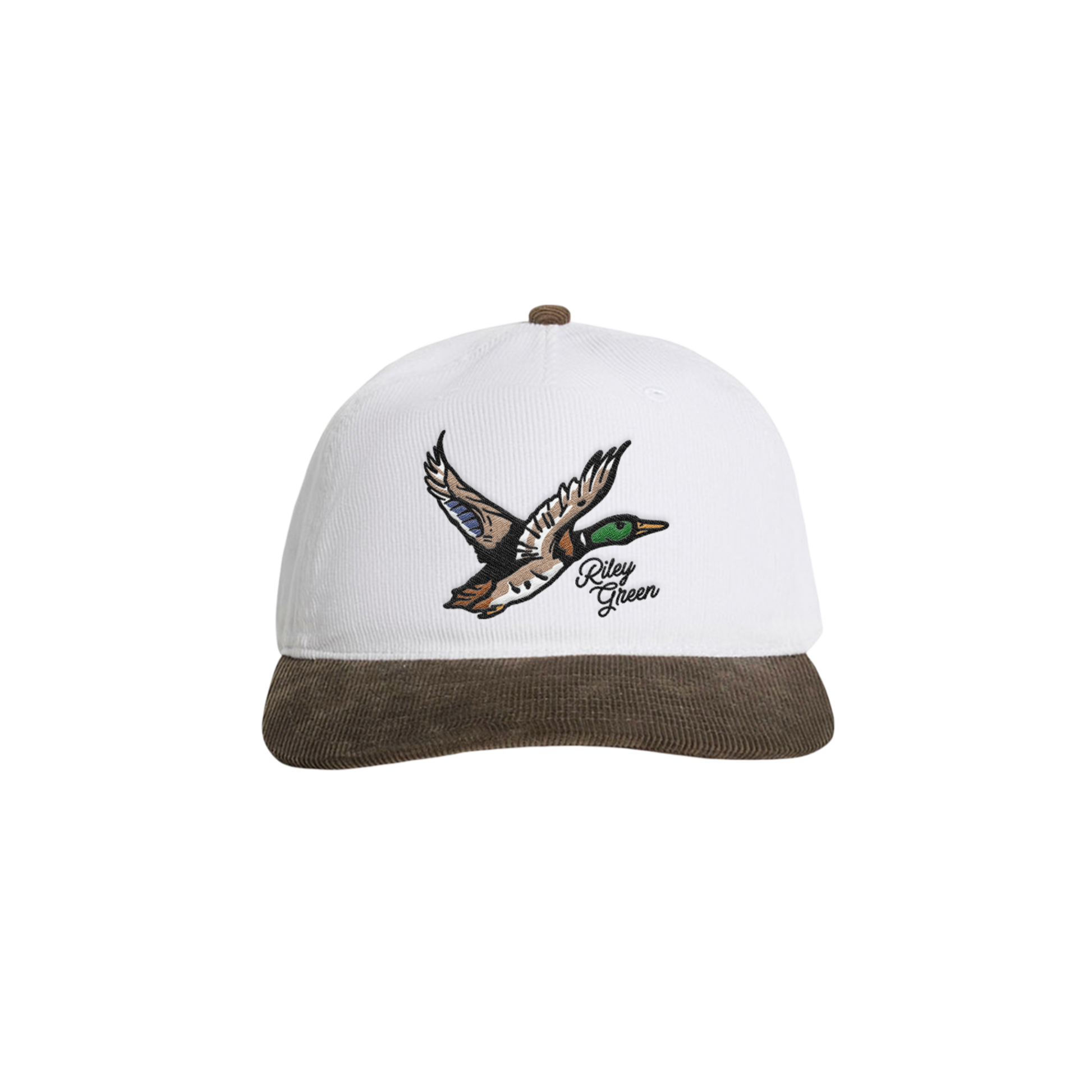 White and brown cap with duck logo and 'Riley Green' text on a white background