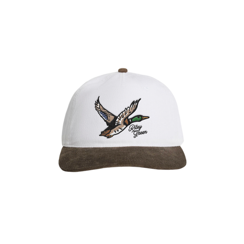 White and brown cap with duck logo and 'Riley Green' text on a white background