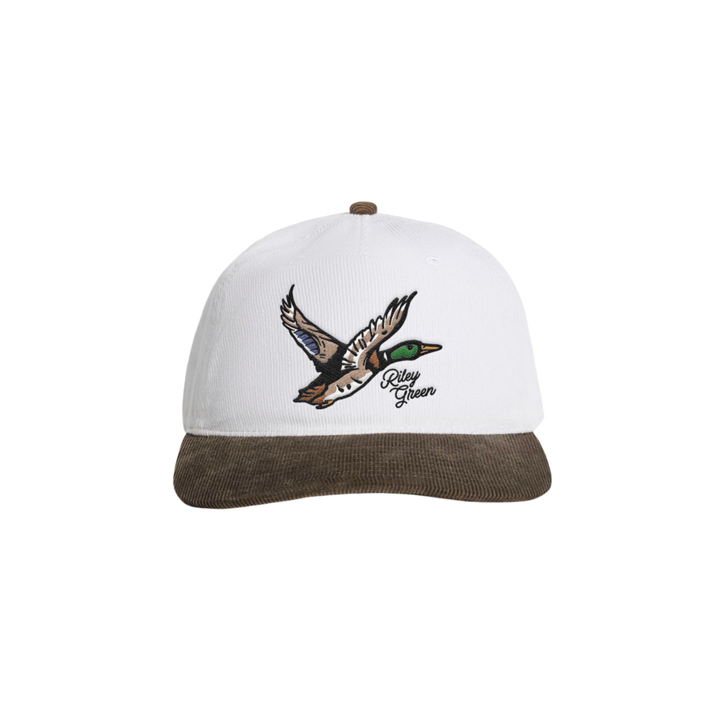 White and brown cap with duck logo and 'Riley Green' text on a white background