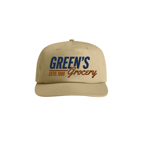 Beige cap with 'Green's Grocery' text on a white background Riley Green
