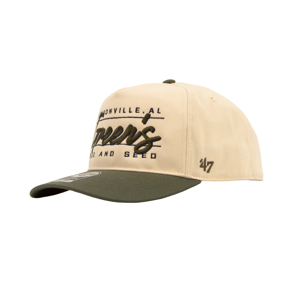 Beige and green cap with text on a white background side view riley green feed and seed hat