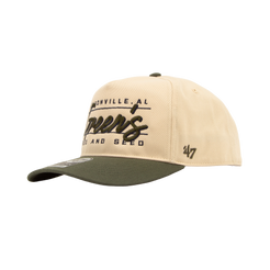 Beige and green cap with text on a white background side view riley green feed and seed hat