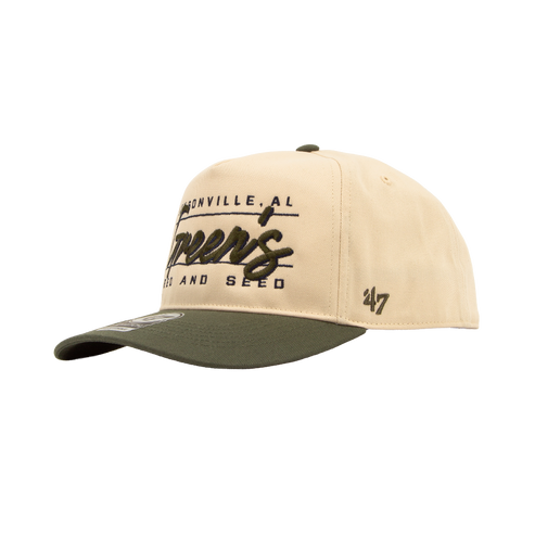 Beige and green cap with text on a white background side view riley green feed and seed hat