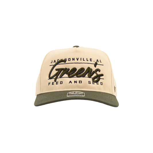 Beige and green cap with text on a white background. Green's Feed and Seed '47 hat. Riley Green