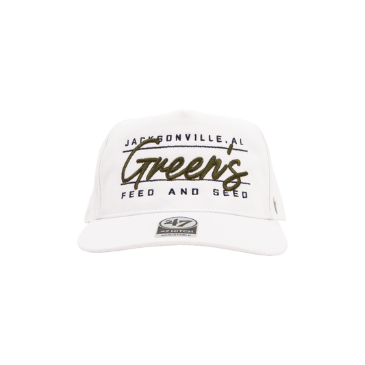 White cap with 'Jacksonville, AL Green's Feed and Seed' text on a white background riley green