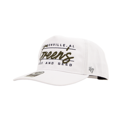 White cap with text and '47' logo on a white background riley green