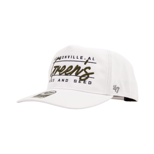 White cap with text and '47' logo on a white background riley green