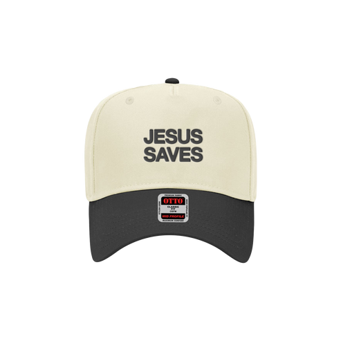 Beige and black cap with 'Jesus Saves' text on a white background. Riley Green