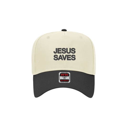 Beige and black cap with 'Jesus Saves' text on a white background. Riley Green