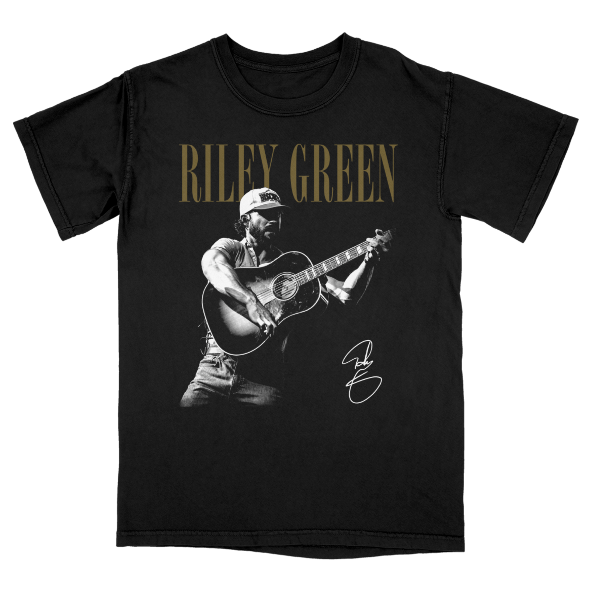 Black t-shirt with a graphic of a person playing guitar and the name 'Riley Green' printed on it.