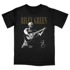 Black t-shirt with a graphic of a person playing guitar and the name 'Riley Green' printed on it.