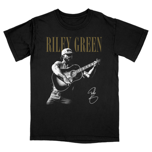 Black t-shirt with a graphic of a person playing guitar and the name 'Riley Green' printed on it.