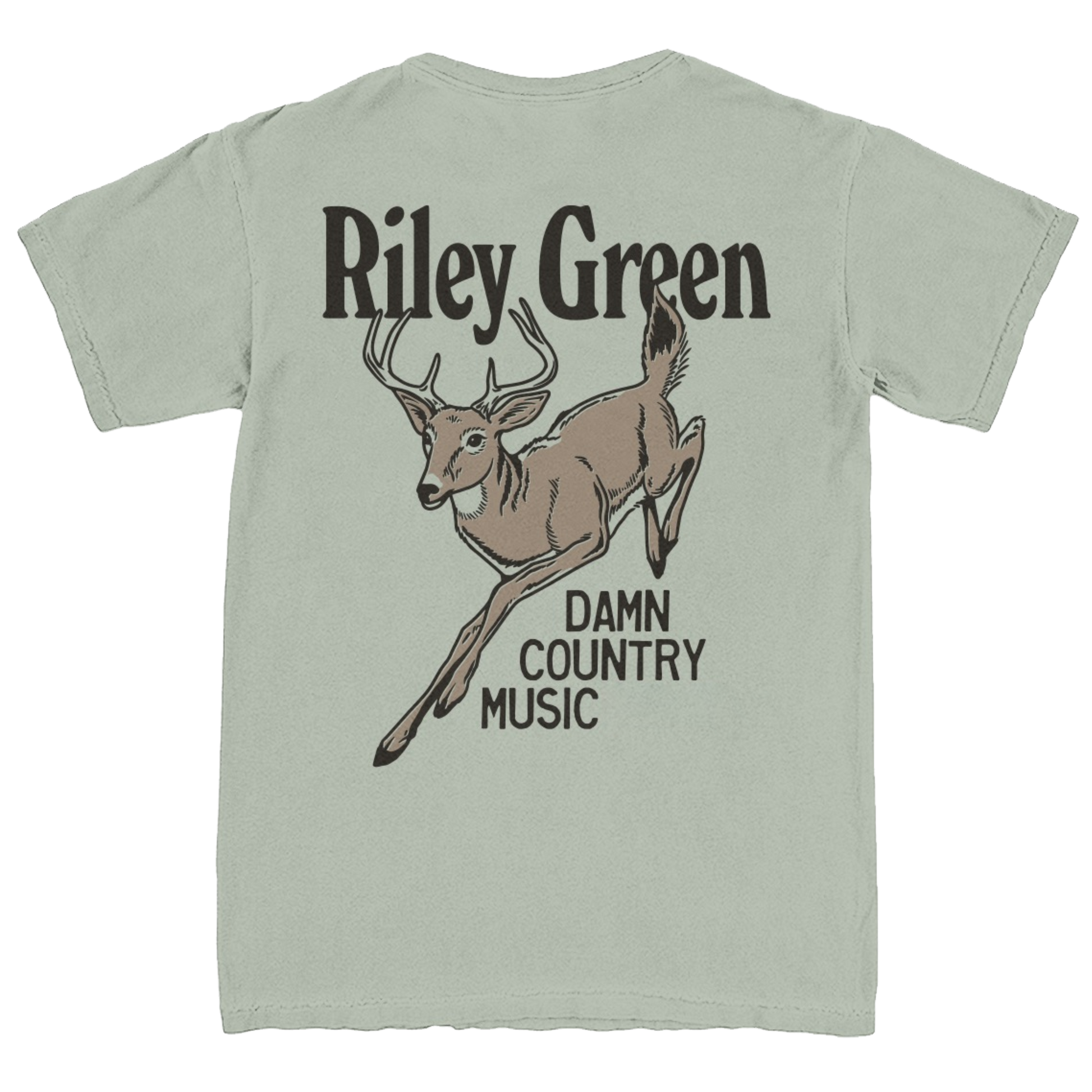 Light green t-shirt with a deer graphic and text on the back