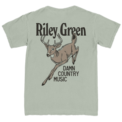 Light green t-shirt with a deer graphic and text on the back
