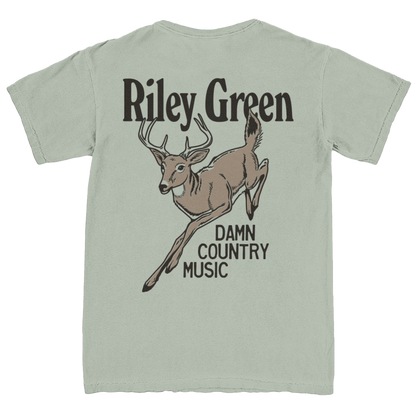 Light green t-shirt with a deer graphic and text on the back