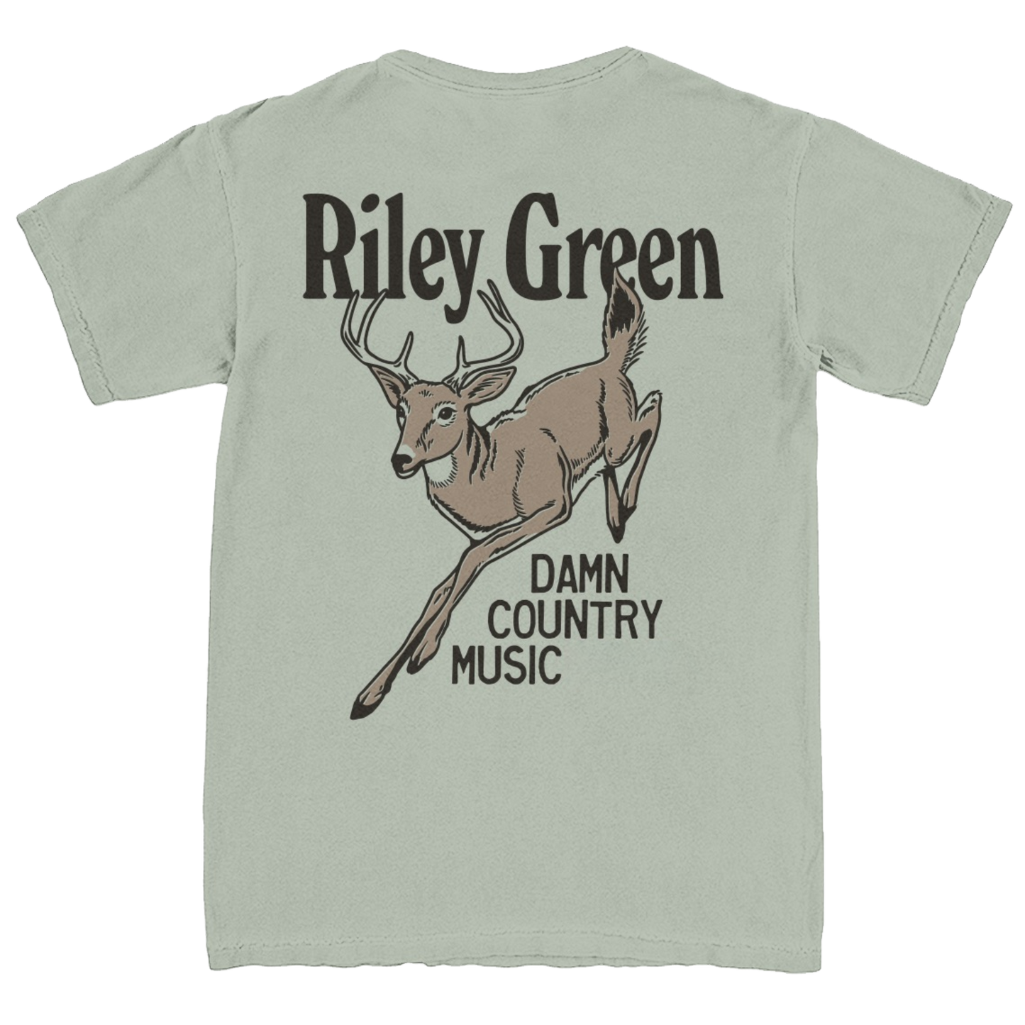 Light green t-shirt with a deer graphic and text on the back