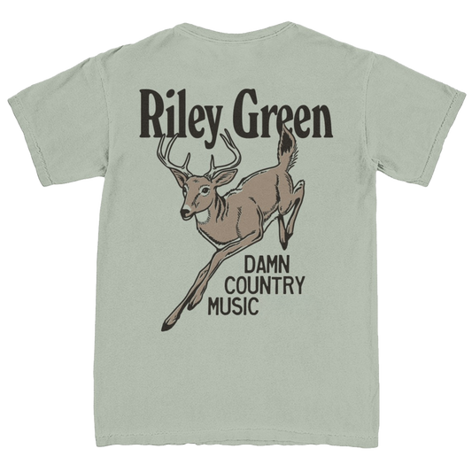 Light green t-shirt with a deer graphic and text on the back