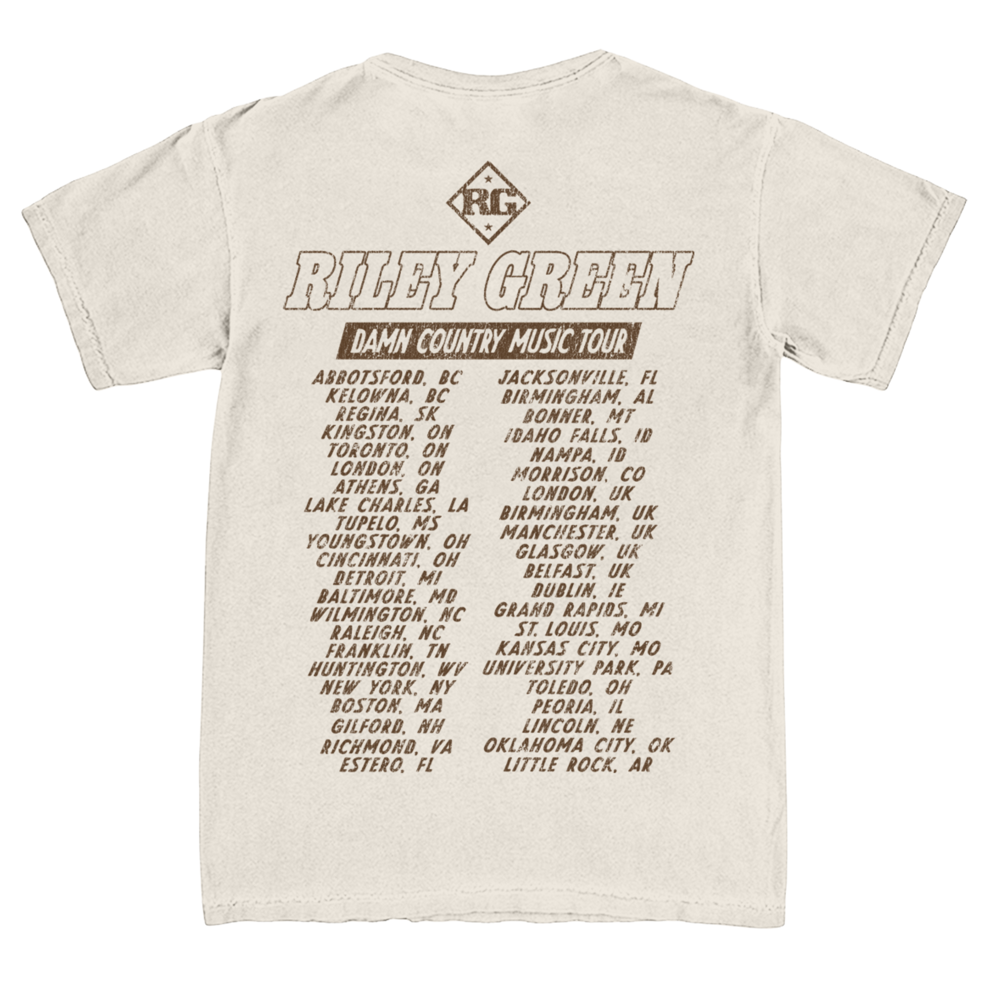 Beige t-shirt with Riley Green Damn Country Music Tour text and list of cities on a white background
