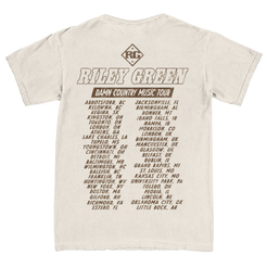 Beige t-shirt with Riley Green Damn Country Music Tour text and list of cities on a white background