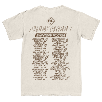 Beige t-shirt with Riley Green Damn Country Music Tour text and list of cities on a white background