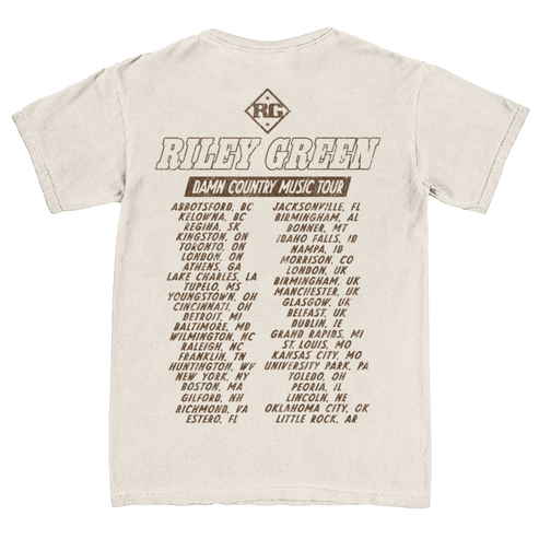 Beige t-shirt with Riley Green Damn Country Music Tour text and list of cities on a white background