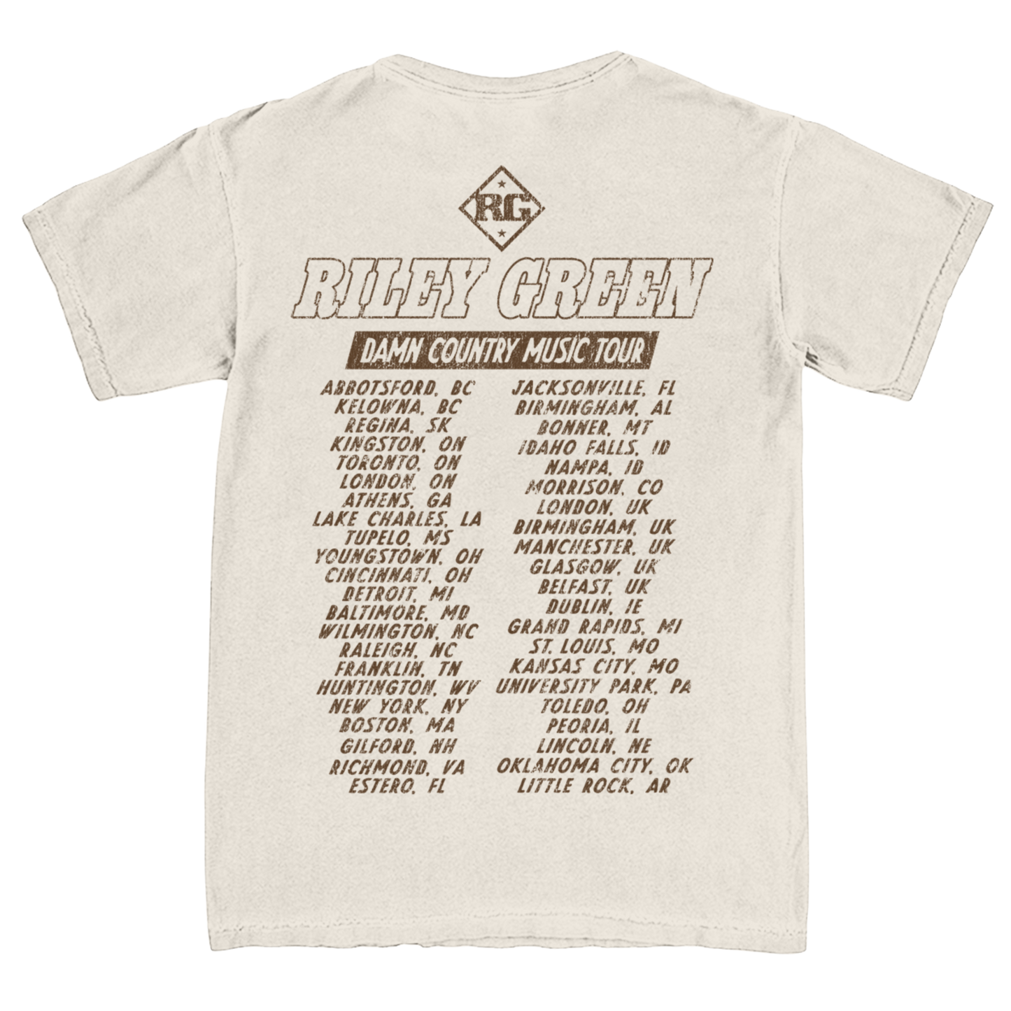 Beige t-shirt with Riley Green Damn Country Music Tour text and list of cities on a white background